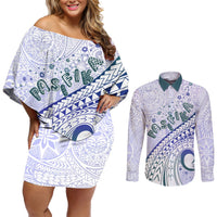 Pasifika Festival Couples Matching Off Shoulder Short Dress and Long Sleeve Button Shirt Tribal Pattern Violet Version LT01 Purple - Polynesian Pride