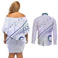 Pasifika Festival Couples Matching Off Shoulder Short Dress and Long Sleeve Button Shirt Tribal Pattern Violet Version LT01 - Polynesian Pride