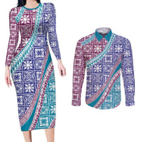 Hawaiian Quilt Pattern Couples Matching Long Sleeve Bodycon Dress and Long Sleeve Button Shirt Purple Blue Color Mixed LT01 Purple - Polynesian Pride