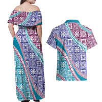 Hawaiian Quilt Pattern Couples Matching Off Shoulder Maxi Dress and Hawaiian Shirt Purple Blue Color Mixed LT01 - Polynesian Pride