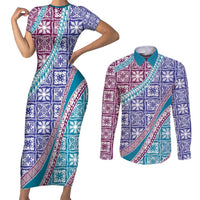 Hawaiian Quilt Pattern Couples Matching Short Sleeve Bodycon Dress and Long Sleeve Button Shirt Purple Blue Color Mixed LT01 Purple - Polynesian Pride
