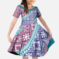 Hawaiian Quilt Pattern Family Matching Long Sleeve Bodycon Dress and Hawaiian Shirt Purple Blue Color Mixed LT01 Daughter's Dress Purple - Polynesian Pride