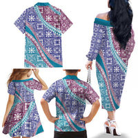 Hawaiian Quilt Pattern Family Matching Off The Shoulder Long Sleeve Dress and Hawaiian Shirt Purple Blue Color Mixed LT01 - Polynesian Pride