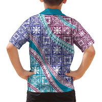Hawaiian Quilt Pattern Family Matching Short Sleeve Bodycon Dress and Hawaiian Shirt Purple Blue Color Mixed LT01 - Polynesian Pride
