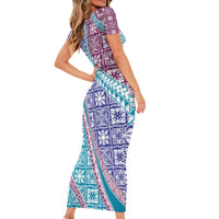 Hawaiian Quilt Pattern Family Matching Short Sleeve Bodycon Dress and Hawaiian Shirt Purple Blue Color Mixed LT01 - Polynesian Pride
