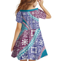 Hawaiian Quilt Pattern Kid Short Sleeve Dress Purple Blue Color Mixed - Polynesian Pride