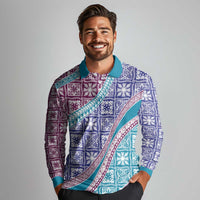 Hawaiian Quilt Pattern Long Sleeve Polo Shirt Purple Blue Color Mixed LT01 - Polynesian Pride