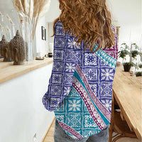 Hawaiian Quilt Pattern Women Casual Shirt Purple Blue Color Mixed - Polynesian Pride