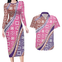 Hawaiian Quilt Pattern Couples Matching Long Sleeve Bodycon Dress and Hawaiian Shirt Sweet Color Mixed - Polynesian Pride