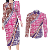 Hawaiian Quilt Pattern Couples Matching Long Sleeve Bodycon Dress and Long Sleeve Button Shirt Sweet Color Mixed LT01 Pink - Polynesian Pride