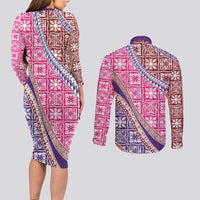 Hawaiian Quilt Pattern Couples Matching Long Sleeve Bodycon Dress and Long Sleeve Button Shirt Sweet Color Mixed LT01 - Polynesian Pride