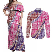 Hawaiian Quilt Pattern Couples Matching Off Shoulder Maxi Dress and Long Sleeve Button Shirt Sweet Color Mixed - Polynesian Pride
