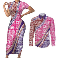 Hawaiian Quilt Pattern Couples Matching Short Sleeve Bodycon Dress and Long Sleeve Button Shirt Sweet Color Mixed LT01 Pink - Polynesian Pride