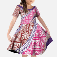 Hawaiian Quilt Pattern Family Matching Off The Shoulder Long Sleeve Dress and Hawaiian Shirt Sweet Color Mixed LT01 Daughter's Dress Pink - Polynesian Pride