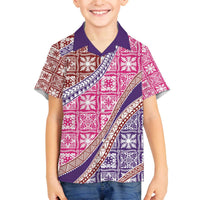 Hawaiian Quilt Pattern Family Matching Off The Shoulder Long Sleeve Dress and Hawaiian Shirt Sweet Color Mixed LT01 Son's Shirt Pink - Polynesian Pride
