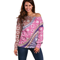 Hawaiian Quilt Pattern Off Shoulder Sweater Sweet Color Mixed LT01 Women Pink - Polynesian Pride