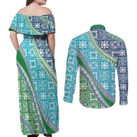 Hawaiian Quilt Pattern Couples Matching Off Shoulder Maxi Dress and Long Sleeve Button Shirt Fresh Color Mixed - Polynesian Pride