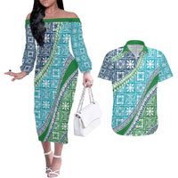 Hawaiian Quilt Pattern Couples Matching Off The Shoulder Long Sleeve Dress and Hawaiian Shirt Fresh Color Mixed LT01 Green - Polynesian Pride