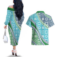 Hawaiian Quilt Pattern Couples Matching Off The Shoulder Long Sleeve Dress and Hawaiian Shirt Fresh Color Mixed LT01 - Polynesian Pride