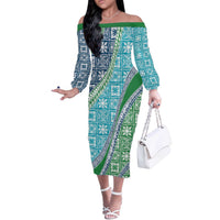 Hawaiian Quilt Pattern Off The Shoulder Long Sleeve Dress Fresh Color Mixed LT01 Women Green - Polynesian Pride