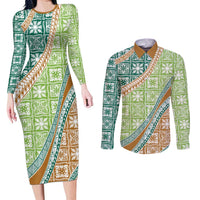Hawaiian Quilt Pattern Couples Matching Long Sleeve Bodycon Dress and Long Sleeve Button Shirt Green Chestnut Color Mixed LT01 Green - Polynesian Pride