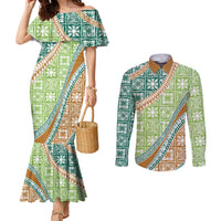 Hawaiian Quilt Pattern Couples Matching Mermaid Dress and Long Sleeve Button Shirt Green Chestnut Color Mixed - Polynesian Pride