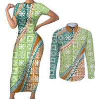 Hawaiian Quilt Pattern Couples Matching Short Sleeve Bodycon Dress and Long Sleeve Button Shirt Green Chestnut Color Mixed LT01 Green - Polynesian Pride