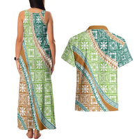 Hawaiian Quilt Pattern Couples Matching Tank Maxi Dress and Hawaiian Shirt Green Chestnut Color Mixed LT01 - Polynesian Pride