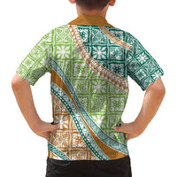 Hawaiian Quilt Pattern Family Matching Off The Shoulder Long Sleeve Dress and Hawaiian Shirt Green Chestnut Color Mixed LT01 - Polynesian Pride