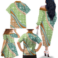 Hawaiian Quilt Pattern Family Matching Off The Shoulder Long Sleeve Dress and Hawaiian Shirt Green Chestnut Color Mixed LT01 - Polynesian Pride