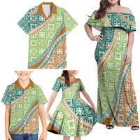 Hawaiian Quilt Pattern Family Matching Off Shoulder Maxi Dress and Hawaiian Shirt Green Chestnut Color Mixed LT01 - Polynesian Pride