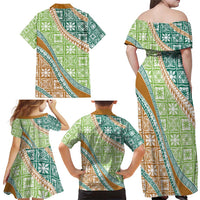 Hawaiian Quilt Pattern Family Matching Off Shoulder Maxi Dress and Hawaiian Shirt Green Chestnut Color Mixed LT01 - Polynesian Pride