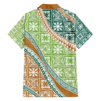 Hawaiian Quilt Pattern Family Matching Off Shoulder Maxi Dress and Hawaiian Shirt Green Chestnut Color Mixed LT01 - Polynesian Pride