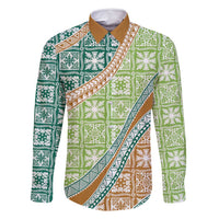 Hawaiian Quilt Pattern Family Matching Off Shoulder Maxi Dress and Hawaiian Shirt Green Chestnut Color Mixed LT01 Dad's Shirt - Long Sleeve Green - Polynesian Pride
