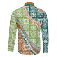 Hawaiian Quilt Pattern Family Matching Off Shoulder Maxi Dress and Hawaiian Shirt Green Chestnut Color Mixed LT01 - Polynesian Pride