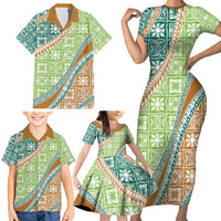 Hawaiian Quilt Pattern Family Matching Short Sleeve Bodycon Dress and Hawaiian Shirt Green Chestnut Color Mixed LT01 - Polynesian Pride