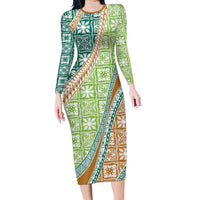 Hawaiian Quilt Pattern Long Sleeve Bodycon Dress Green Chestnut Color Mixed LT01 Long Dress Green - Polynesian Pride