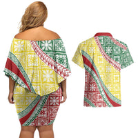 Hawaiian Quilt Pattern Couples Matching Off Shoulder Short Dress and Hawaiian Shirt Special Color Mixed LT01 - Polynesian Pride