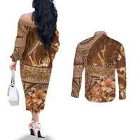 Personalised Fiji Masi Couples Matching Off The Shoulder Long Sleeve Dress and Long Sleeve Button Shirt Bula Fijian Masi Tapa Vintage Style LT01 - Polynesian Pride