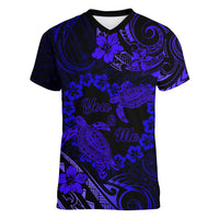 Polynesian Turtle Valentine Women V Neck T Shirt You And Me Navy Blue Hibiscus Heart LT01 Female Blue - Polynesian Pride