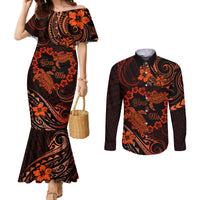 Polynesian Turtle Valentine Couples Matching Mermaid Dress and Long Sleeve Button Shirt You And Me Orange Hibiscus Heart LT01 Orange - Polynesian Pride