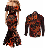 Polynesian Turtle Valentine Couples Matching Mermaid Dress and Long Sleeve Button Shirt You And Me Orange Hibiscus Heart LT01 - Polynesian Pride
