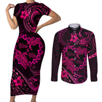 Polynesian Turtle Valentine Couples Matching Short Sleeve Bodycon Dress and Long Sleeve Button Shirt You And Me Pink Hibiscus Heart LT01 Pink - Polynesian Pride