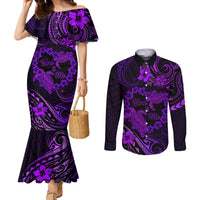 Polynesian Turtle Valentine Couples Matching Mermaid Dress and Long Sleeve Button Shirt You And Me Purple Hibiscus Heart LT01 Purple - Polynesian Pride