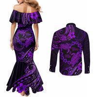 Polynesian Turtle Valentine Couples Matching Mermaid Dress and Long Sleeve Button Shirt You And Me Purple Hibiscus Heart LT01 - Polynesian Pride