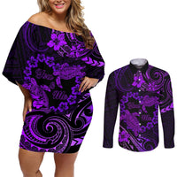 Polynesian Turtle Valentine Couples Matching Off Shoulder Short Dress and Long Sleeve Button Shirt You And Me Purple Hibiscus Heart LT01 Purple - Polynesian Pride