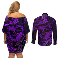 Polynesian Turtle Valentine Couples Matching Off Shoulder Short Dress and Long Sleeve Button Shirt You And Me Purple Hibiscus Heart LT01 - Polynesian Pride