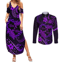 Polynesian Turtle Valentine Couples Matching Summer Maxi Dress and Long Sleeve Button Shirt You And Me Purple Hibiscus Heart LT01 Purple - Polynesian Pride