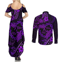 Polynesian Turtle Valentine Couples Matching Summer Maxi Dress and Long Sleeve Button Shirt You And Me Purple Hibiscus Heart LT01 - Polynesian Pride