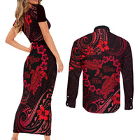 Polynesian Turtle Valentine Couples Matching Short Sleeve Bodycon Dress and Long Sleeve Button Shirt You And Me Red Hibiscus Heart LT01 - Polynesian Pride
